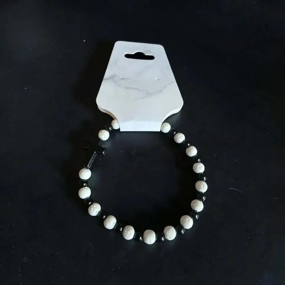 White Lava Stone & Black Bead Stretch Bracelet with Cross